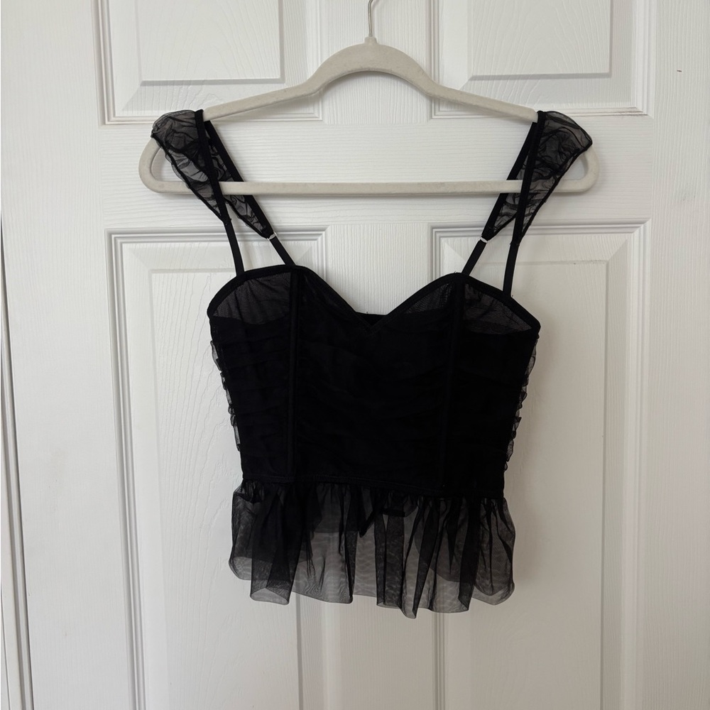 Black Sheer Ruffle Corset Tank Top, Size Medium